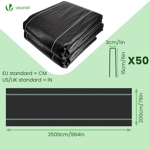 Toile De Paillage Contre Les Mauvaises Herbes 25mx2m Avec 50 Piquets Anti-uv 100g/m2