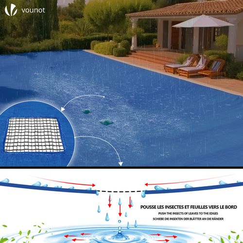 Bache Piscine Rectangulaire Double Couche Polyethylene 160 Gr/m2 Avec Filet Ecoulement 8x14m Bleue