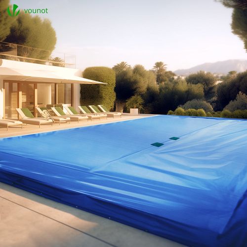 Bache Piscine Rectangulaire Double Couche Polyethylene 160 Gr/m2 Avec Filet Ecoulement 8x14m Bleue