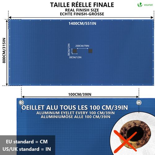 Bache Piscine Rectangulaire Double Couche Polyethylene 160 Gr/m2 Avec Filet Ecoulement 8x14m Bleue