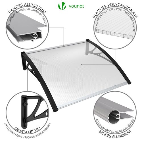 Auvent De Porte Marquise 120x80 Cm Transparent En Polycarbonate Anti Uv Noir
