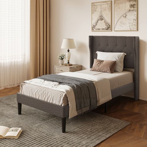 Lit Simple 90x200 Cm Structure Rembourrée Avec Lattes En Bois Gris Foncé