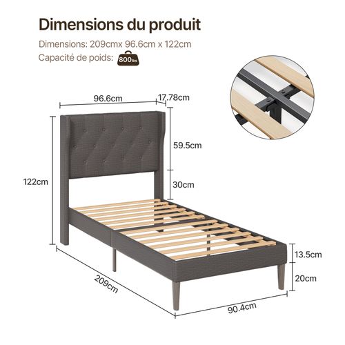 Lit Simple 90x200 Cm Structure Rembourrée Avec Lattes En Bois Gris Foncé