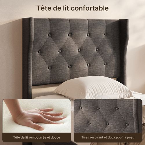 Lit Simple 90x200 Cm Structure Rembourrée Avec Lattes En Bois Gris Foncé