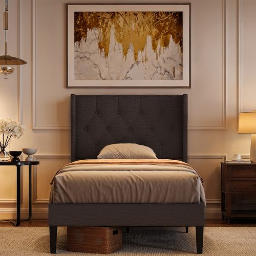 Lit Simple 90x200 Cm Structure Rembourrée Avec Lattes En Bois Gris Foncé