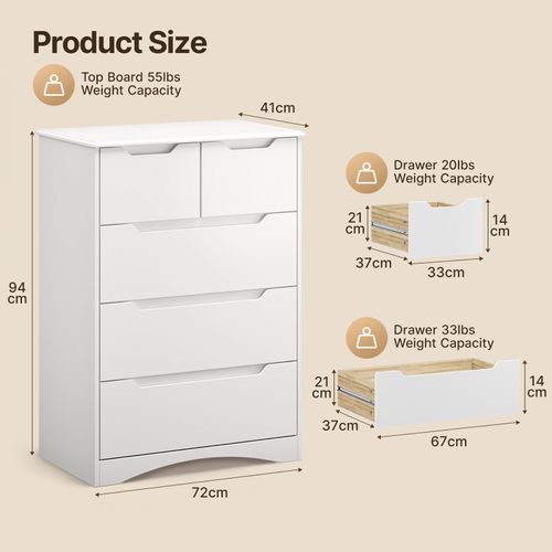 Commode 5 Tiroirs Chiffonnier Blanc 72 X 41 X 94 Cm