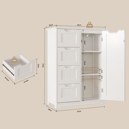 Meuble Cuisine Rangement Commode 4 Tiroirs 1 Porte De Placard 1 Étagère Réglable Pour Couverts