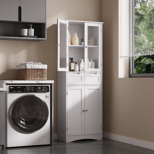 Buffet De Cuisine Haut Avec 2 Tiroirs Et 4 Portes - Blanc