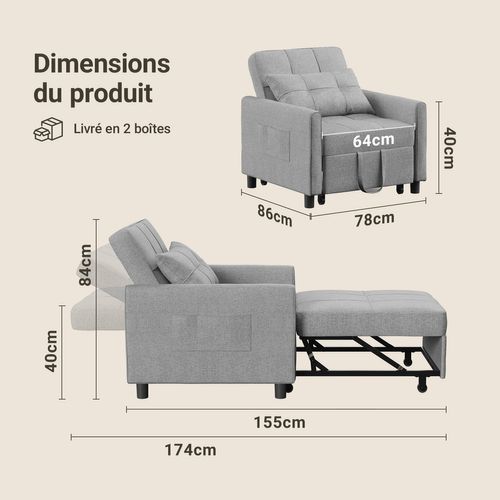 Fauteuil Convertible En Tissu 78x86x84 Cm - Gris