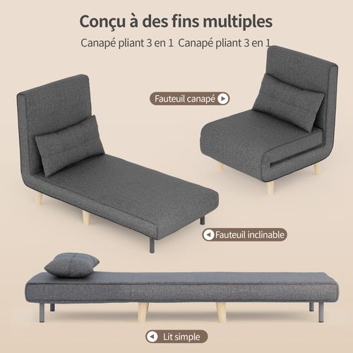 Fauteuil Convertible Fauteuil Lit Canapé 1 Place Chaise Longue Coussin Réglable Pliante