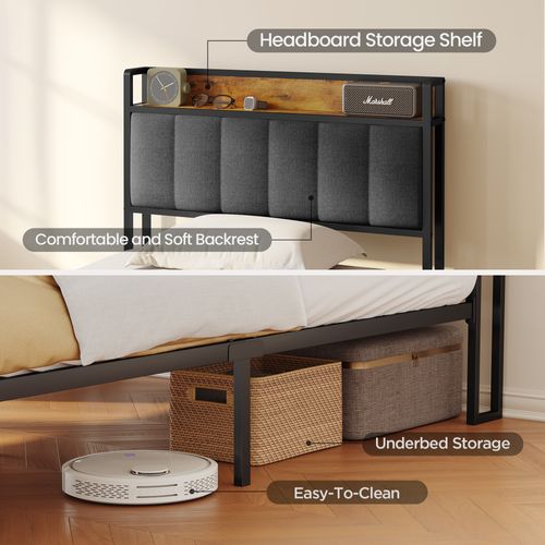 Lit Simple 90 X 200 En Métal Avec Tête De Lit Capitonnée En Tissu Pour Rangement Gris Foncé