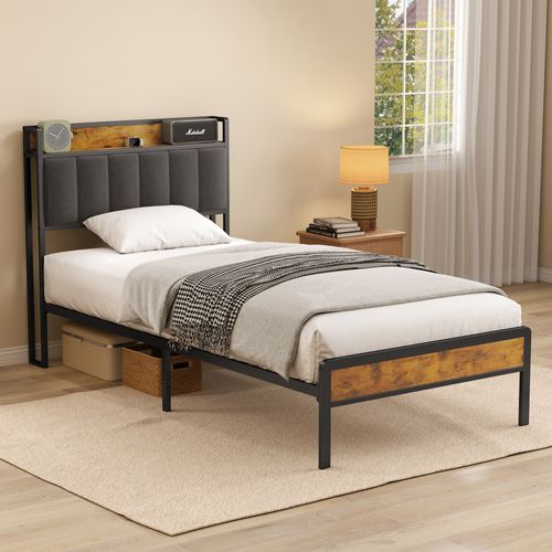 Lit Simple 90 X 200 En Métal Avec Tête De Lit Capitonnée En Tissu Pour Rangement Gris Foncé