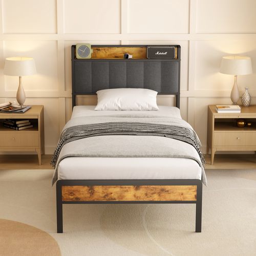 Lit Simple 90 X 200 En Métal Avec Tête De Lit Capitonnée En Tissu Pour Rangement Gris Foncé