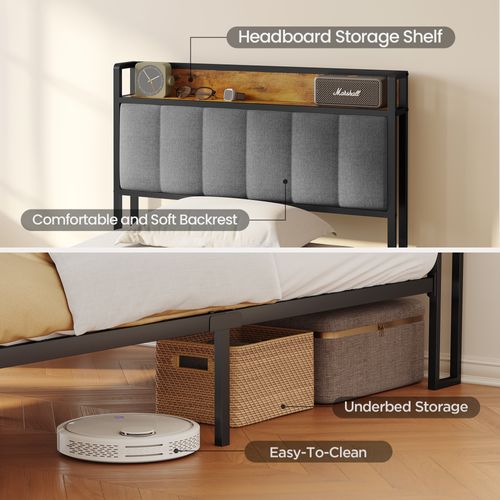 Lit Simple 90 X 200 En Métal Avec Tête De Lit Capitonnée En Tissu Pour Rangement Gris Clair