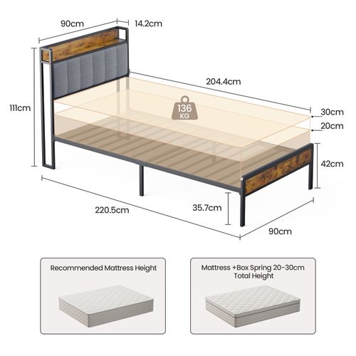 Lit Simple 90 X 200 En Métal Avec Tête De Lit Capitonnée En Tissu Pour Rangement Gris Clair