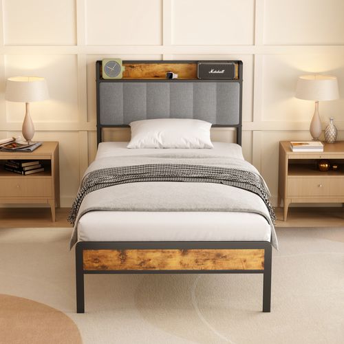 Lit Simple 90 X 200 En Métal Avec Tête De Lit Capitonnée En Tissu Pour Rangement Gris Clair