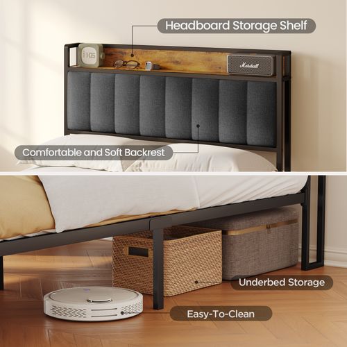 Lit Simple 120 X 200 En Métal Avec Tête De Capitonnée En Tissu Pour Rangement Noir Et Gris Foncé