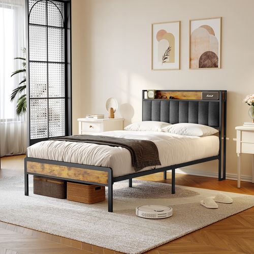 Lit Simple 120 X 200 En Métal Avec Tête De Capitonnée En Tissu Pour Rangement Noir Et Gris Foncé
