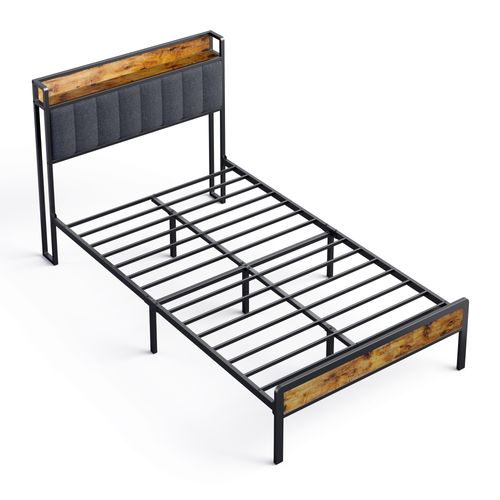 Lit Simple 120 X 200 En Métal Avec Tête De Capitonnée En Tissu Pour Rangement Noir Et Gris Foncé