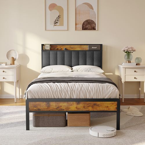 Lit Simple 120 X 200 En Métal Avec Tête De Capitonnée En Tissu Pour Rangement Noir Et Gris Foncé