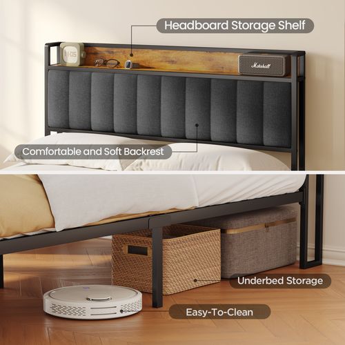 Lit Adulte 140 X 200 En Métal Avec Tête De Capitonnée En Tissu Pour Rangement Noir Et Gris Foncé