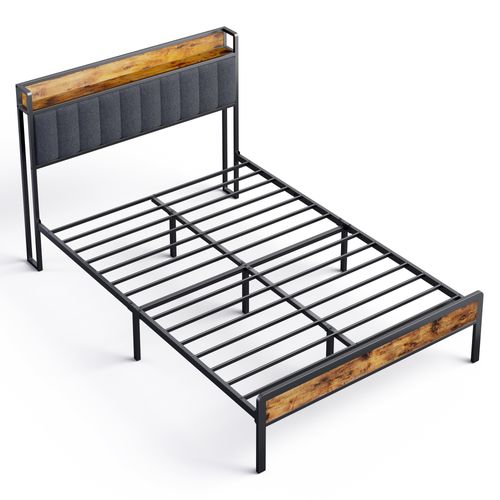 Lit Adulte 140 X 200 En Métal Avec Tête De Capitonnée En Tissu Pour Rangement Noir Et Gris Foncé