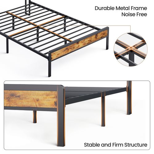 Lit Adulte 140 X 200 En Métal Avec Tête De Capitonnée En Tissu Pour Rangement Noir Et Gris Foncé