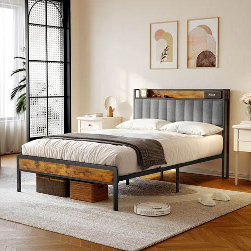 Lit Adulte 140 X 200 En Métal Avec Tête De Capitonnée En Tissu Pour Rangement Noir Et Gris Clair