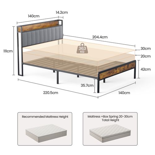 Lit Adulte 140 X 200 En Métal Avec Tête De Capitonnée En Tissu Pour Rangement Noir Et Gris Clair