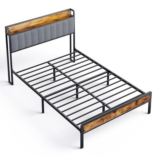 Lit Adulte 140 X 200 En Métal Avec Tête De Capitonnée En Tissu Pour Rangement Noir Et Gris Clair