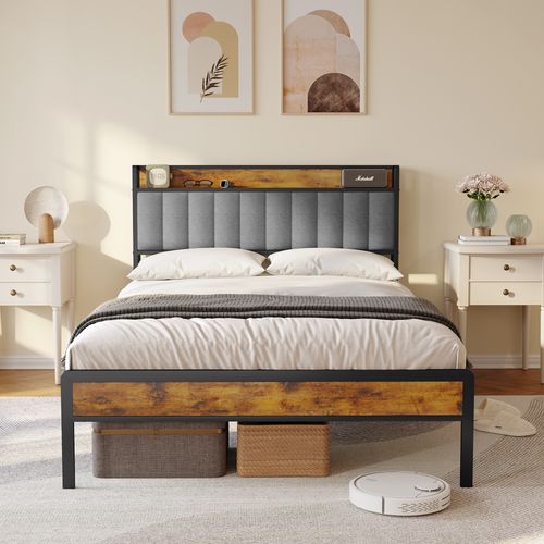 Lit Adulte 140 X 200 En Métal Avec Tête De Capitonnée En Tissu Pour Rangement Noir Et Gris Clair