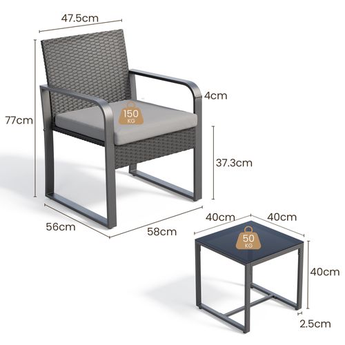 Jardin 2 Places Set De Acier Avec Coussin Table Verre Trempé Ensemble De Meuble Pour Patio Gris