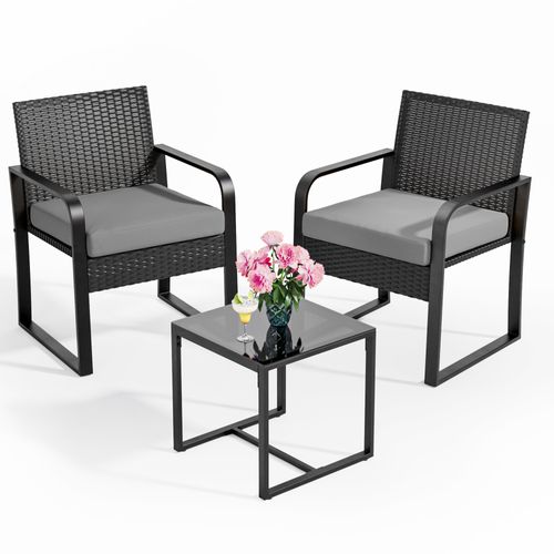 Jardin 2 Places Set De Acier Avec Coussin Table Verre Trempé Ensemble De Meuble Pour Patio Gris