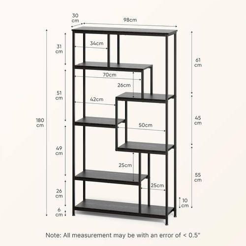 Bibliothèque Étagère De Rangement 7 Niveaux Cadre En Métal Pied Réglable 100 X 30 X 180 Cm Noir