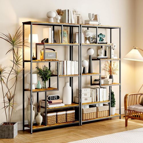 Bibliothèque Étagère De Rangement 7 Niveaux Cadre En Métal Pieds Réglable 100 X 30 X 180 Cm Marron