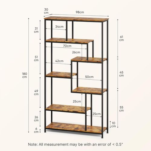 Bibliothèque Étagère De Rangement 7 Niveaux Cadre En Métal Pieds Réglable 100 X 30 X 180 Cm Marron