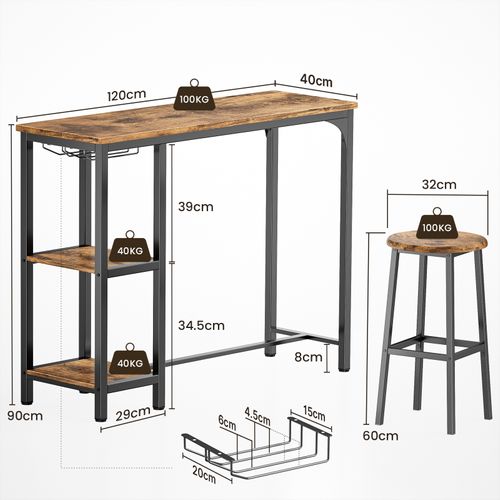 Table Haute Mange Debout 2 Tabouret Table De Meubles De Salle à Manger Cadre En Acier Marron