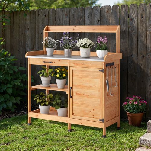 Table De Rempotage Placard De Rangement Extérieur Bois Sapin Table Jardinage Plateau Métal