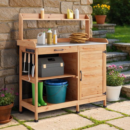Table De Rempotage Placard De Rangement Extérieur Bois Sapin Table Jardinage Plateau Métal