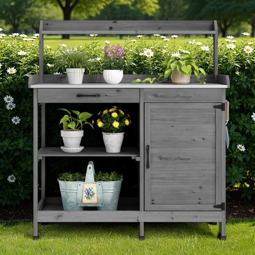 Table De Rempotage Placard De Rangement Extérieur Bois Sapin Table Jardinage Plateau Métal Gris