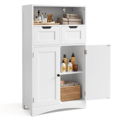 Meuble De Rangement Salle De Bain Avec 2 Tiroirs 2 Portes Étagère Réglable 60 X 30 X 108 Cm Blanc