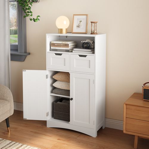 Meuble De Rangement Salle De Bain Avec 2 Tiroirs 2 Portes Étagère Réglable 60 X 30 X 108 Cm Blanc