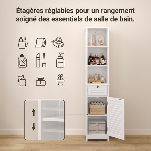 Colonne Salle De Bain Sur Pied Meuble Rangement 1 Tiroir 3 Étagères 1 Porte Étagère 34 X 30 X 163cm