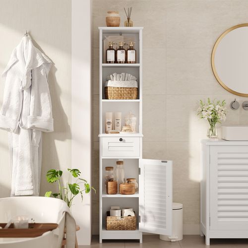 Colonne Salle De Bain Sur Pied Meuble Rangement 1 Tiroir 3 Étagères 1 Porte Étagère 34 X 30 X 163cm