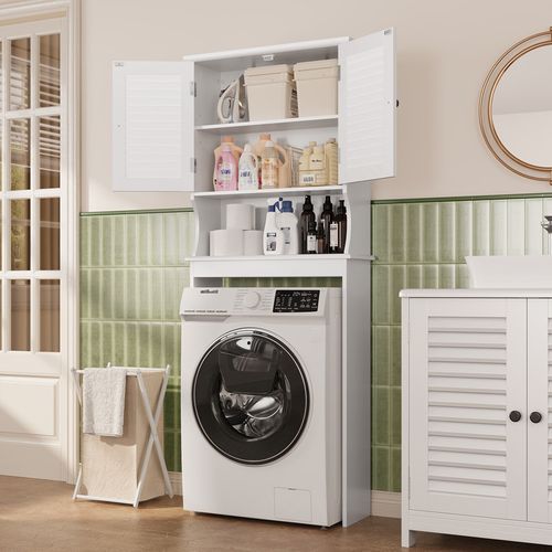 Meuble Machine à Laver Rangement Sur Pied 1 Compartiment Ouvert 2 Portes Étagères 65 X 22 X 164cm