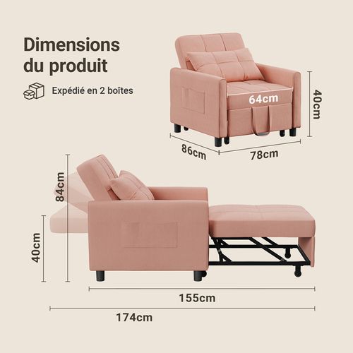 Fauteuil Convertible En Tissu 78x86x84 Cm - Rose