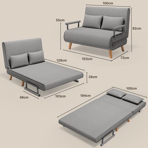 Fauteuil Convertible 2 Place Canapé Lit Modulable Chaise Longue 2 Coussin Réglable Gris Clair