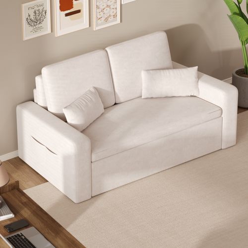 Canapé Convertible 2 Places Longue 2 Coussin Réglable Chenille Beige
