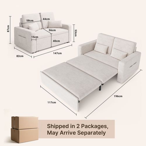 Canapé Convertible 2 Places Longue 2 Coussin Réglable Chenille Beige