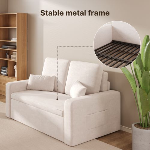Canapé Convertible 2 Places Longue 2 Coussin Réglable Chenille Beige